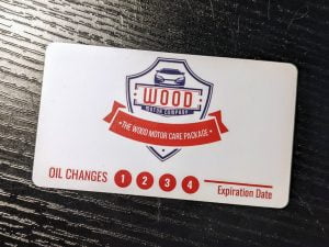 Wood Motor • The Wood Motor Care Package. Oil Change plastic punch card printed and designed by netfishes in Carthage, MO.