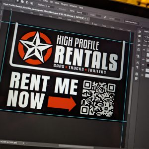 High Profile Rentals, Black car magnet design with white lettering that reads "High Profile Rentals, cars, trucks, trailers. Rent Me Now" and a link to their TURO inventory.
