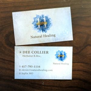 Business card on 16pt glossy cardstock, full color, front and back for eleven 11 natural healing of Joplin, MO.