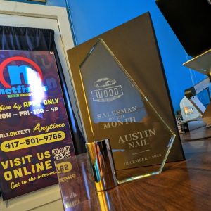 Glass Etched Award for December 2022 Wood Motor Salesman of the Month Austin Nail
