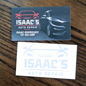 Black and white with some red on front with car and contact information and white on back with logo in lighter black/blue