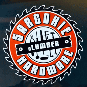 Sarcoxie Hardware in white with a gear tool background and tools in the middle.