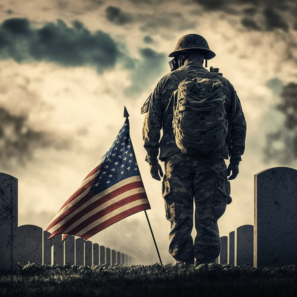Soldier walks through a memorial cemetery with an American Flag ahead of him.