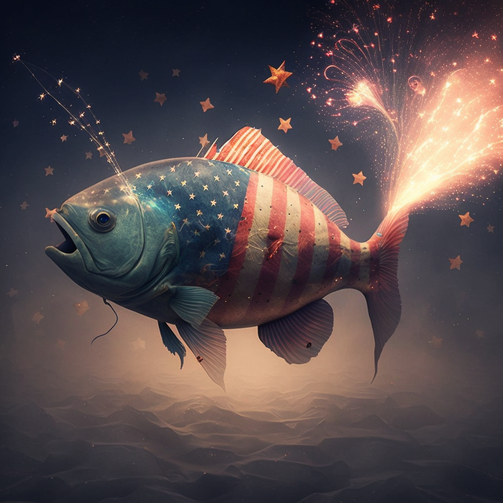 Fish with flag design on body and fireworks coming out of its behind. Swimming along.