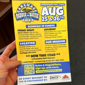 A flyer for the 2023 Carthage Paddle Battle at Kellogg Lake Park August 25th & 26th.
