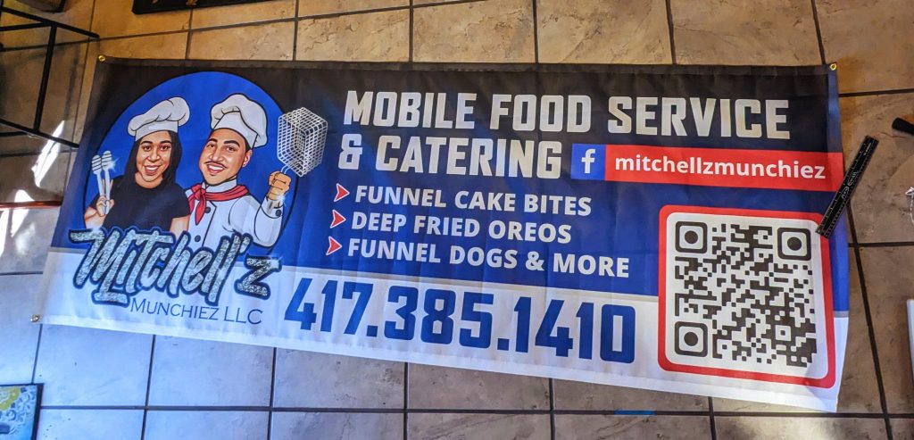 Large Banner with Blue with services, logo, QR code and contact information
