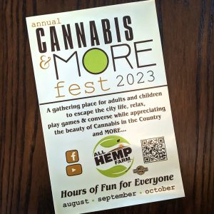 Bifold brochure with information on all 4 pages. Front has the Annual Cannabis & More fest 2023 along with what it is and months. Middle pages give more scheduling and back gives prices as well as asks for information