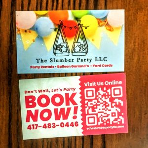 Colorful Balloons with The Slumber Party LLC and what they offer on front and the back information to book as well as qr code that links to website in red and white.