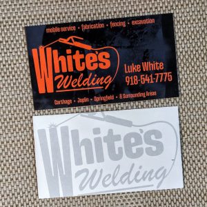 Black with Orange lettering on front. Includes services, the name of business and contact information. The back is white with gray "White's Welding"
