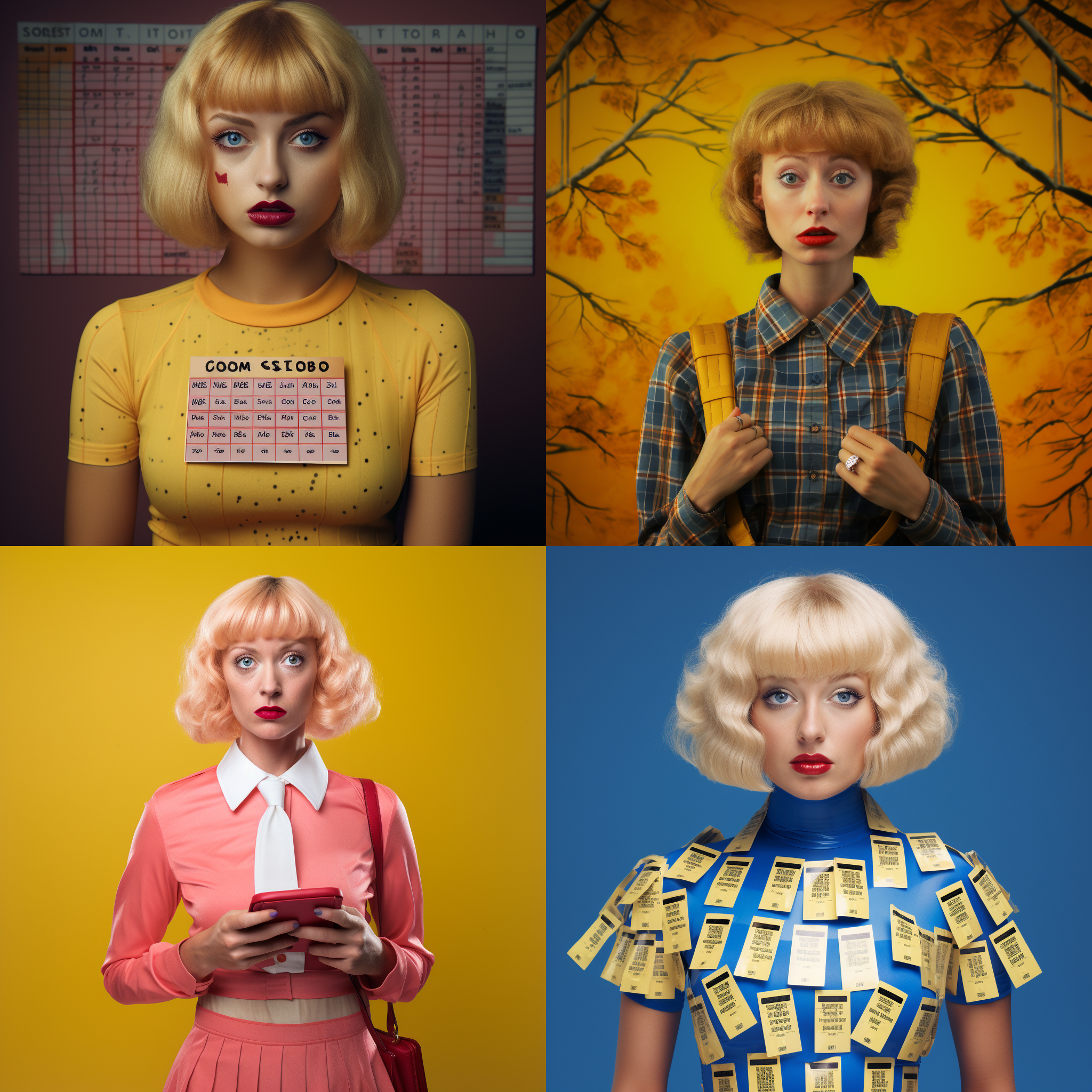 Four, gridded Midjourney AI ith the mages made with the topic Check your spam , the Title Back to Spam School, and artist Cindy Sherman