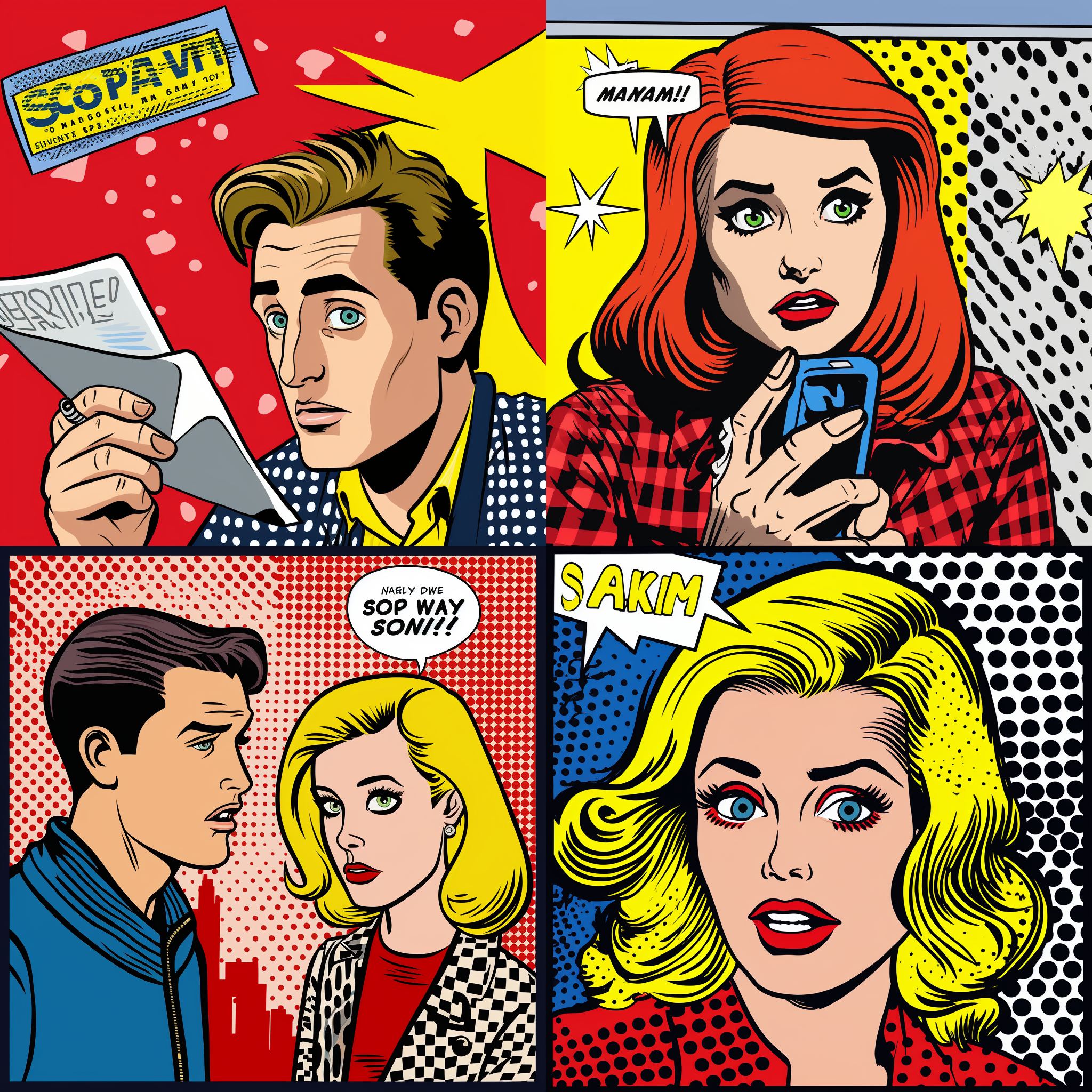 Four, gridded Midjourney AI ith the mages made with the topic Check your spam , the Title New Year, Same Old Spam, and artist Roy Lichtenstein