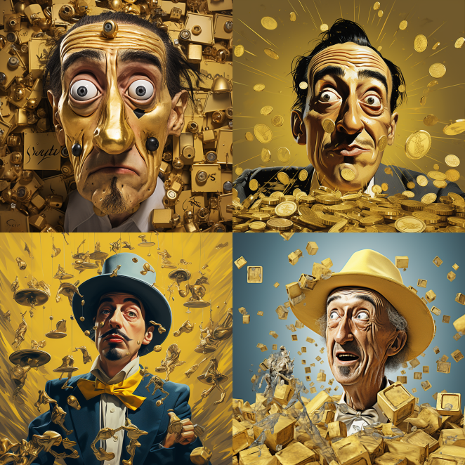 Four, gridded Midjourney AI ith the mages made with the topic Check your spam , the Title Fool's Gold (and Spam), and artist Salvador Dali