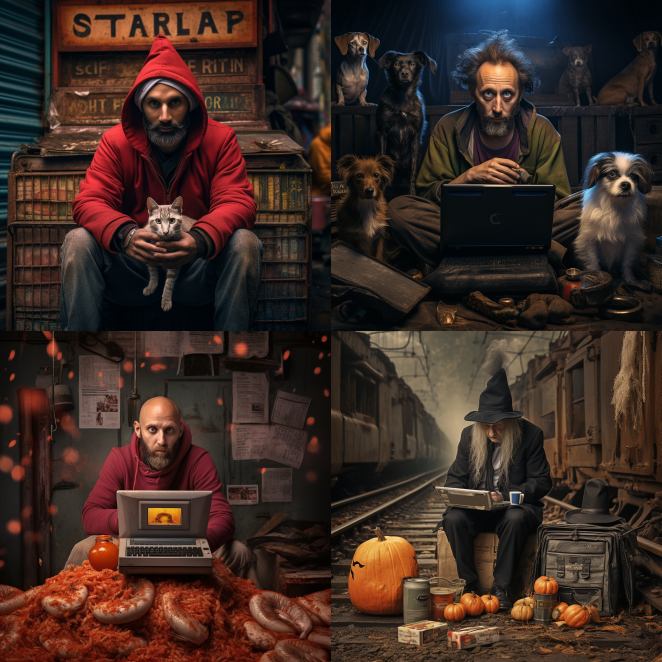 Four, gridded Midjourney AI ith the mages made with the topic Check your spam , the Title Spooky Spam-tacular, and artist Steve McCurry