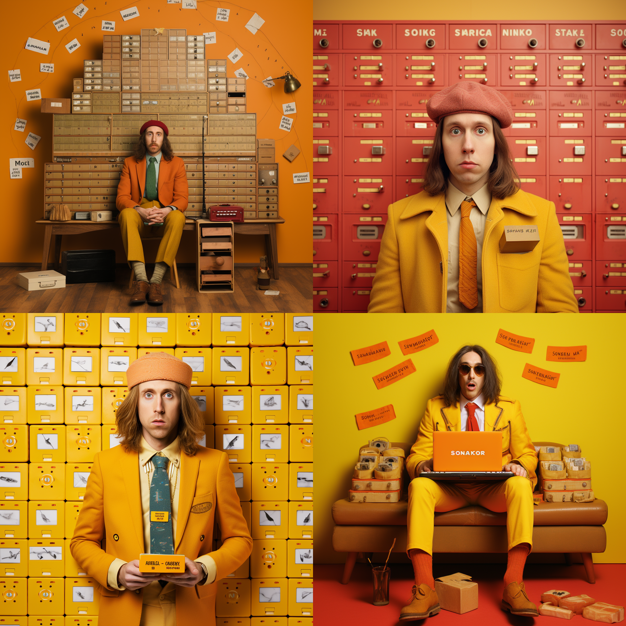 Four, gridded Midjourney AI ith the mages made with the topic Check your spam , the Title Shamrock Your Spam!, and artist Wes Anderson