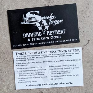 Smoke Wagon Truckers Retreat Business Card with details about the Truck Stop in Carthage, MO